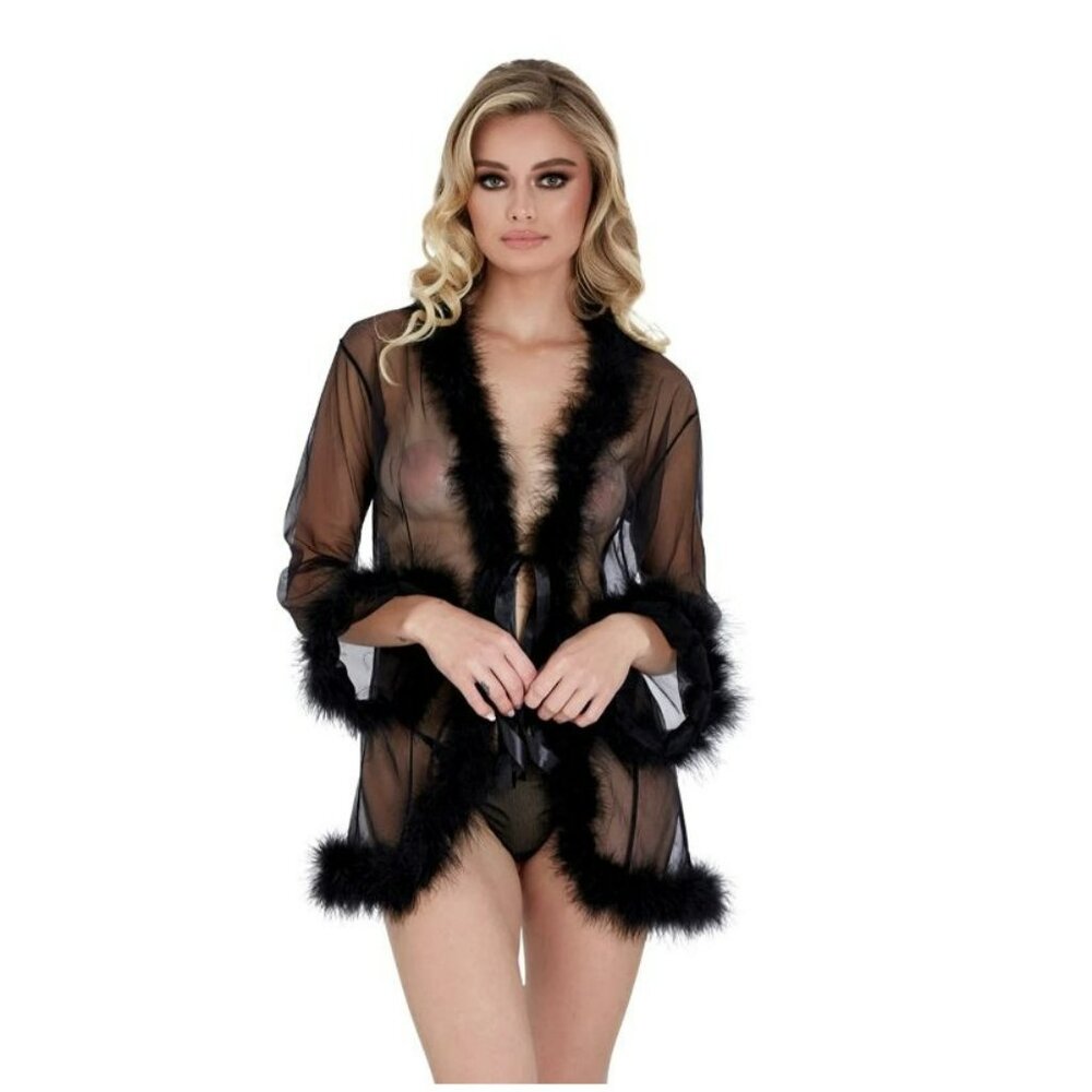 Yandy Playboy Black Sheer Faux Fur Trim Robe Glam Nightwear